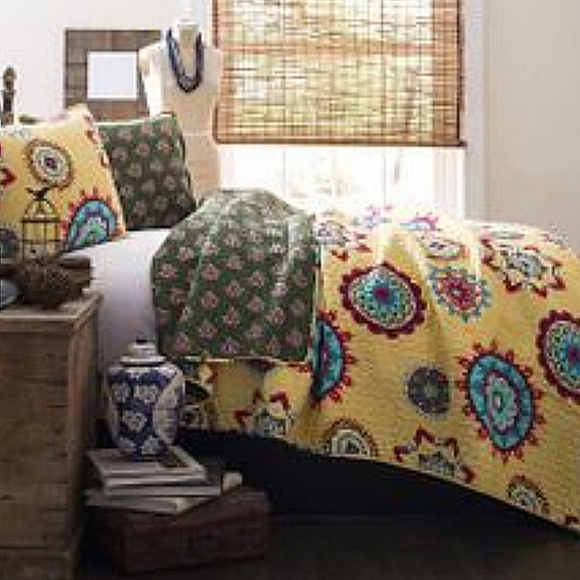 Boho Blanket Quilted Bright Vivid Yellow Green Pink Colors Mandala Patterns - Picture 2 of 6